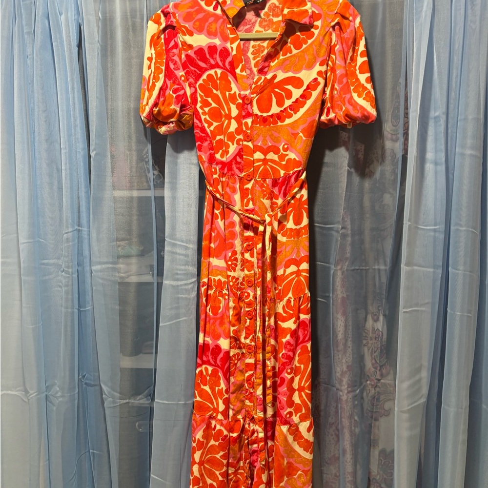 Vibrant Orange Floral Wrap Dress